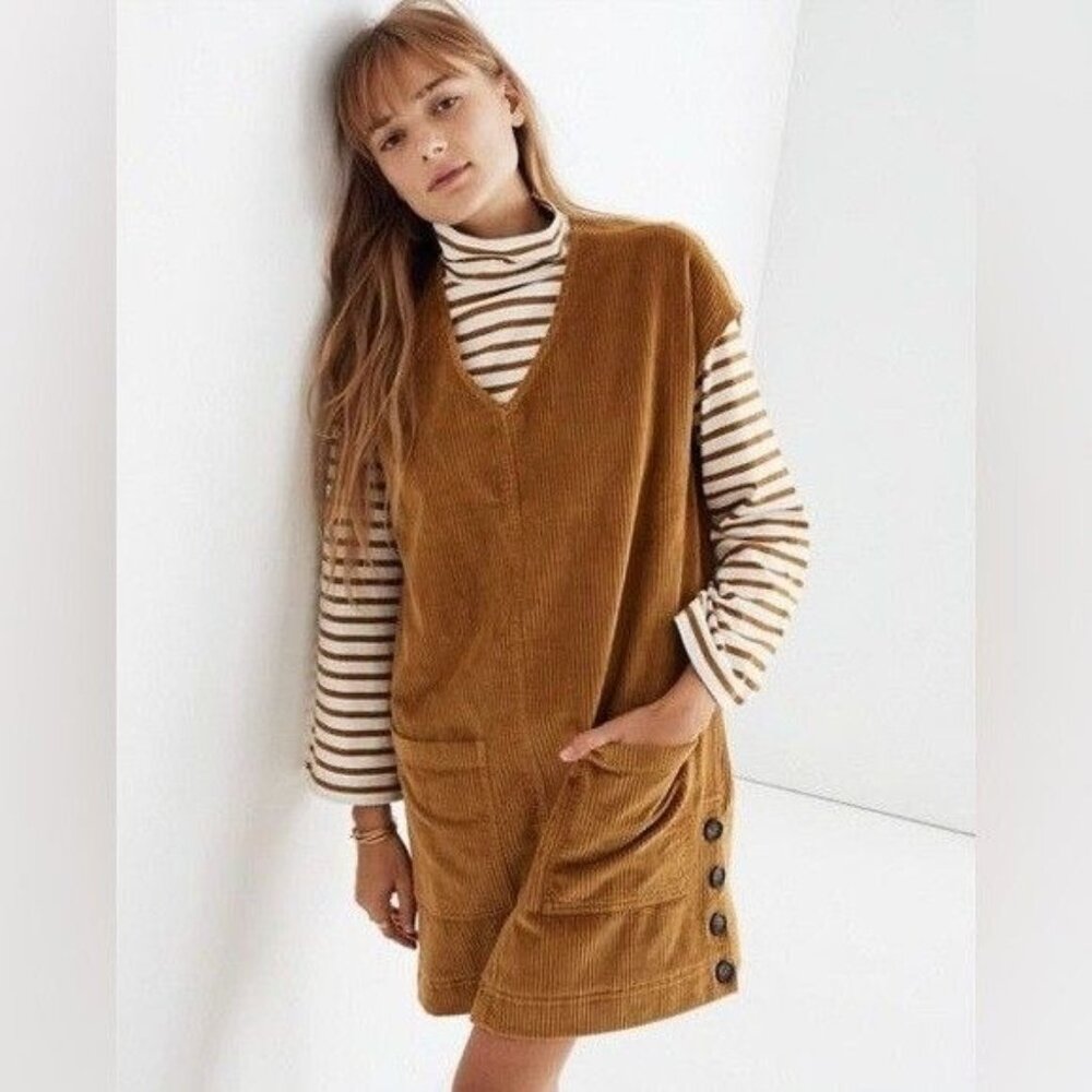 Madewell Corduroy Side-Button Shift Dress V-Neck Medium Antique Gold Casual